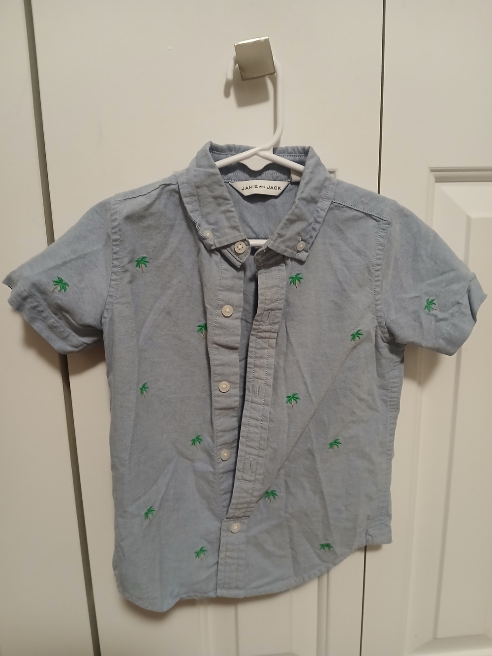 Janie and Jack Light Blue Short-Sleeve Button-Down with Green Palm Embroidery